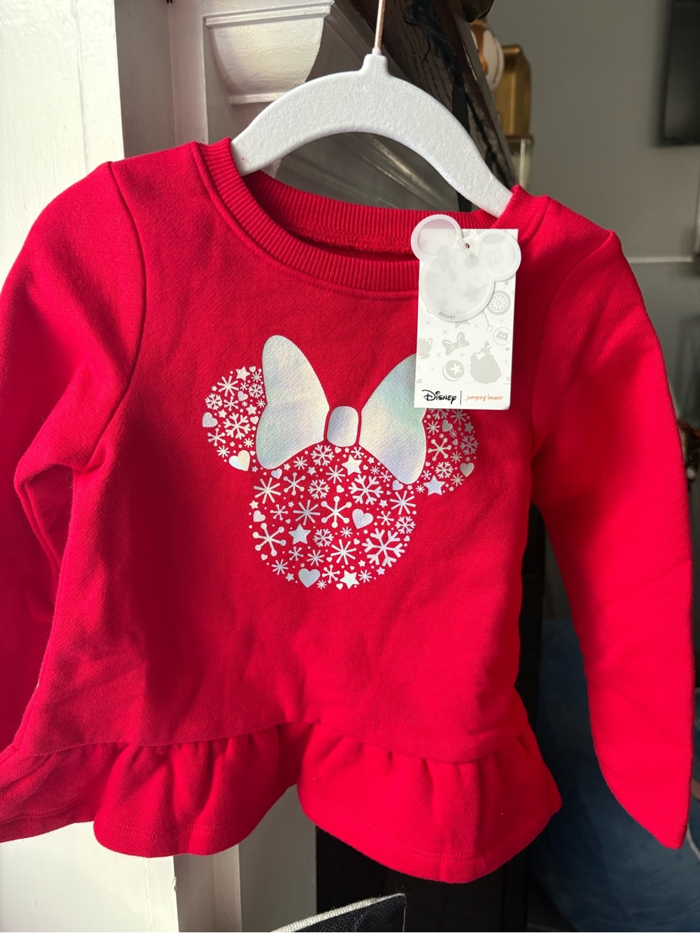 Disney Girls' Bright Red Minnie Mouse Peplum Sweatshirt with Silver Bow